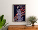 Poster vintage Paris 1937, Arts et techniques, incorniciato sopra una cassettiera in legno, tra piante.