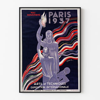 Poster vintage Paris 1937, Arts et techniques, esposto in una cornice sottile su una parete chiara.