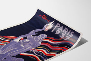 Poster vintage Paris 1937, Arts et techniques, esposto su una pagina curva, vista prospettica.