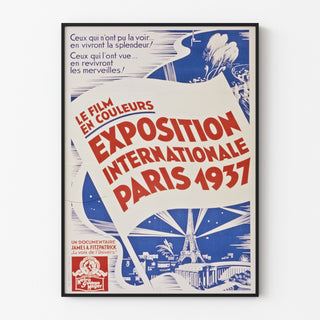 Manifesto vintage Parigi 1937, esposizione internazionale, presentato in una cornice sottile su una parete chiara.
