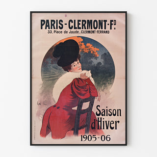 Manifesto d’epoca Paris-Clermont, stagione invernale, presentato in una cornice sottile su una parete chiara.
