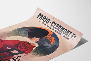 Manifesto d’epoca Paris-Clermont, stagione invernale, presentato su una stampa leggermente arrotolata, visto in prospettiva.