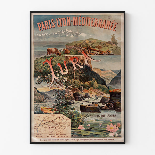 Manifesto vintage Paris Lyon Méditerranée, Jura, presentato in una cornice sottile su una parete chiara.