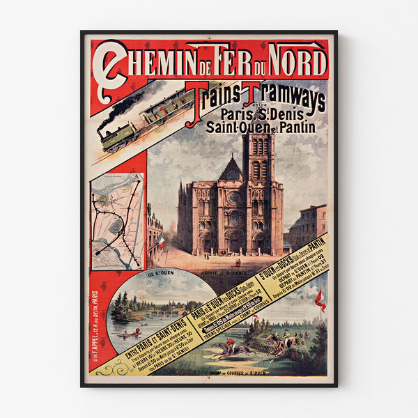 Manifesto vintage Paris, Saint-Denis, treni e tram, inserito in una cornice sottile su una parete chiara.
