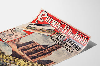 Manifesto vintage Paris, Saint-Denis, treni e tram, presentato su foglio curvato, visuale prospettica.
