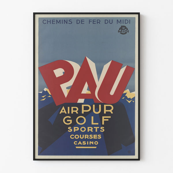 Manifesto vintage Pau, golf e sport, esposto in una cornice sottile su una parete chiara.