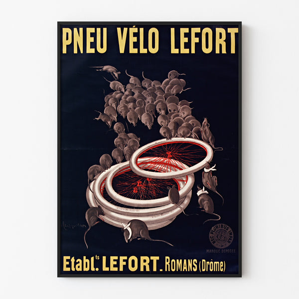 Manifesto vintage Pneus vélo Lefort, in cornice sottile su una parete chiara.
