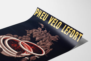 Manifesto vintage Pneus vélo Lefort, presentato su una pagina incurvata, vista prospettica.
