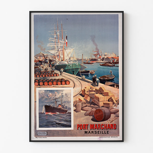 Poster vintage Porto mercantile. Marsiglia, presentato in una cornice sottile su una parete chiara.