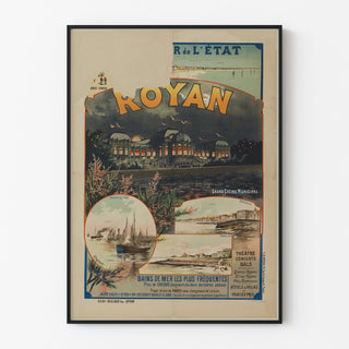 Manifesto vintage Royan, Grand Casino municipal, presentato in una cornice sottile su una parete chiara.