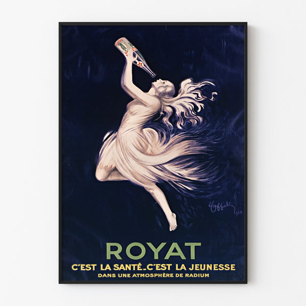 Manifesto vintage Royat, santé e giovinezza, esposto in una cornice sottile su una parete chiara.