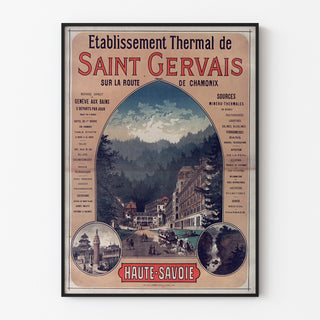 Manifesto vintage Saint-Gervais, stabilimento termale, presentato in una cornice sottile su una parete chiara.