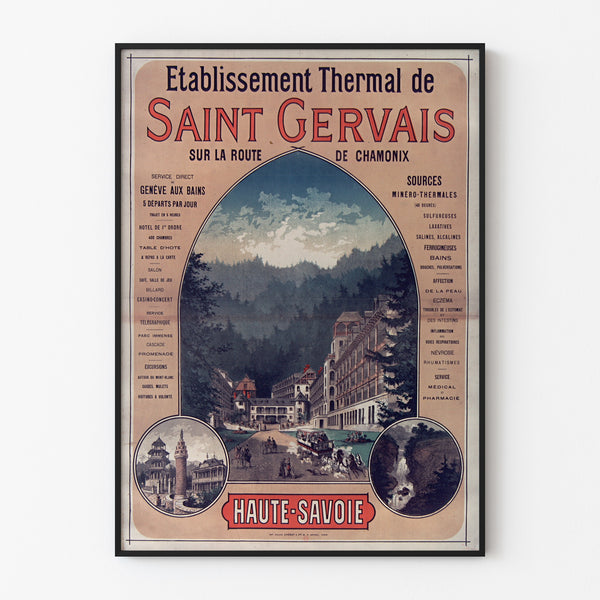 Manifesto vintage Saint-Gervais, stabilimento termale, presentato in una cornice sottile su una parete chiara.