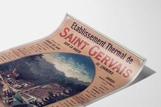 Manifesto vintage Saint-Gervais, stabilimento termale, presentato su una stampa curvata, vista in prospettiva.