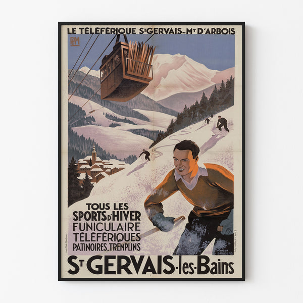 Manifesto vintage Saint-Gervais, Mont-d’Arbois, presentato in una cornice sottile su una parete chiara.