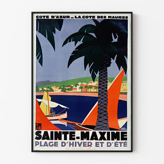 Poster vintage Sainte-Maxime, Costa dei Maures, esposto in una cornice sottile su una parete chiara.