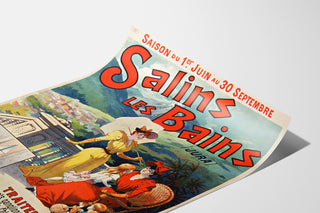 Manifesto vintage Salins les Bains (Jura), presentato su una pagina piegata, visto in prospettiva.