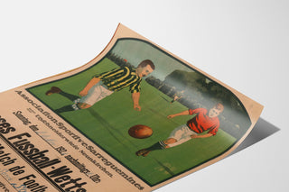 Manifesto vintage Sarreguemines, partita di calcio, presentato su una pagina curva, vista in prospettiva.
