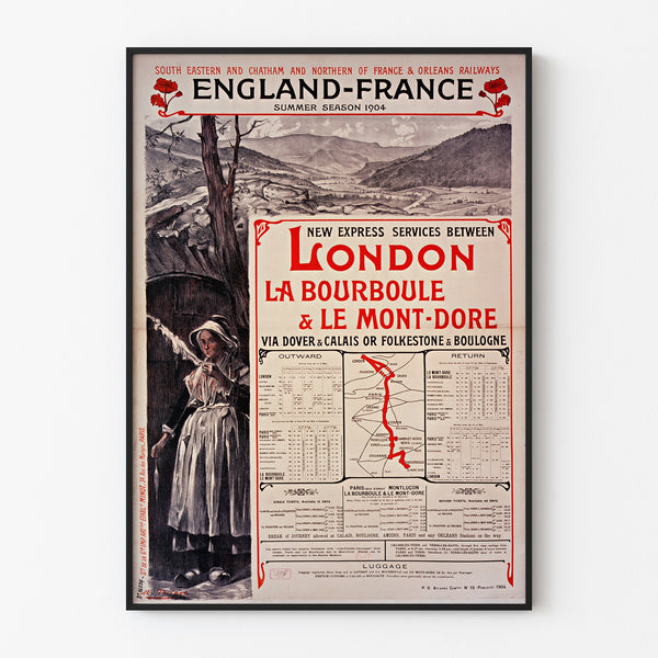 Manifesto d’epoca South Eastern, England-France, presentato in una cornice sottile su una parete chiara.