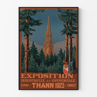Manifesto vintage Thann, esposizione industriale, esposto in una cornice sottile su una parete chiara.