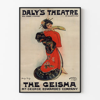 Manifesto vintage The Geisha, Daly’s Theatre, presentato in una cornice sottile su una parete chiara.