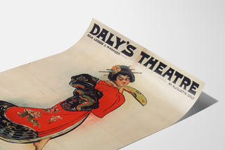 Manifesto vintage The Geisha, Daly’s Theatre, presentato su una pagina curva, visto in prospettiva.