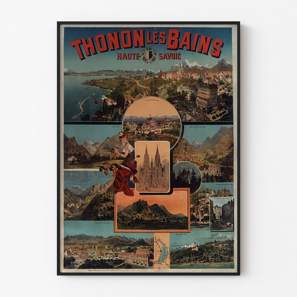 Manifesto vintage Thonon-les-Bains, presentato in una cornice sottile su una parete chiara.
