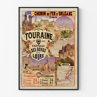 Manifesto vintage Touraine, castelli della Loira, presentato in una cornice sottile su una parete chiara.