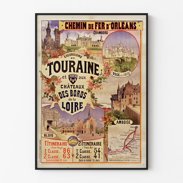Manifesto vintage Touraine, castelli della Loira, presentato in una cornice sottile su una parete chiara.