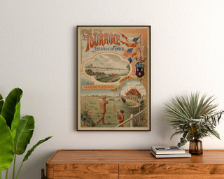 Manifesto vintage Touraine, giardino di Francia, incorniciato sopra una cassettiera in legno, tra piante.