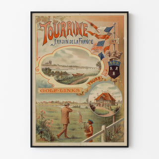 Manifesto vintage Touraine, giardino di Francia, presentato in una cornice sottile su una parete chiara.