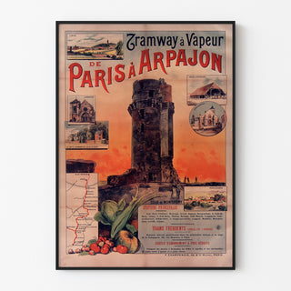 Manifesto vintage Tramway Paris-Arpajon, inserito in una cornice sottile su una parete chiara.