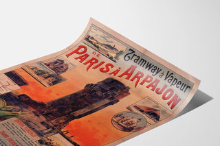 Manifesto vintage Tramway Paris-Arpajon, presentato su foglio curvato, visuale prospettica.