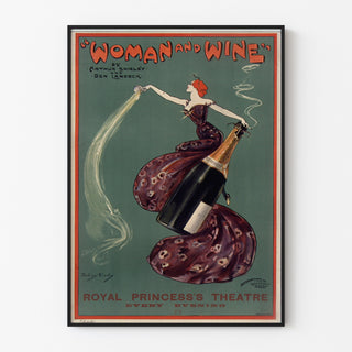 Manifesto vintage Woman and Wine, Princess’s Theatre, presentato in una cornice sottile su una parete chiara.