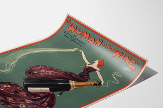 Manifesto vintage Woman and Wine, Princess’s Theatre, presentato su una pagina curva, visto in prospettiva.