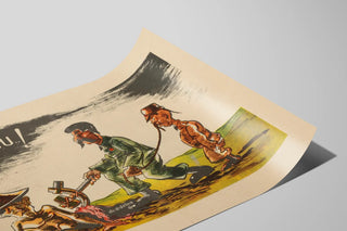 Poster satirico vintage: caricatura militare e scena di dominazione — vista dell’opera