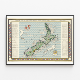 Carta antica della Nuova Zelanda – MacDonald Gill, 1931, presentata in una cornice sottile su una parete chiara.