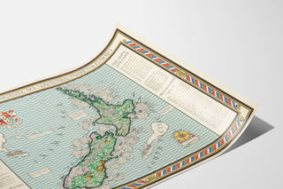 Carta antica della Nuova Zelanda – MacDonald Gill, 1931, presentata su un foglio curvato, vista in prospettiva.