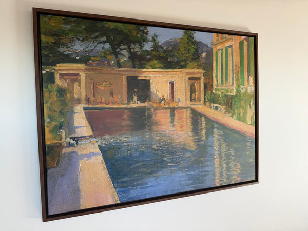Reproduction encadrée représentant un jardin et une piscine chez un client