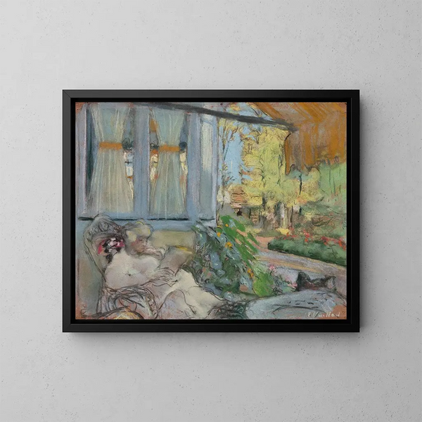Madame Hessel che legge sulla terrazza del Clos Cézanne - Édouard Vuillard — quadro incorniciato alla parete