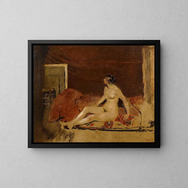 Nu su una copertina con motivo floreale rosso - Édouard Vuillard — quadro incorniciato alla parete