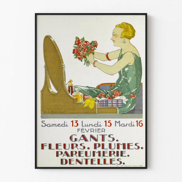 Poster vintage decorazione murale Guanti, Fiori, Piume, Profumeria, Merletti