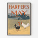 Poster vintage di Harper's May con galli su sfondo campestre