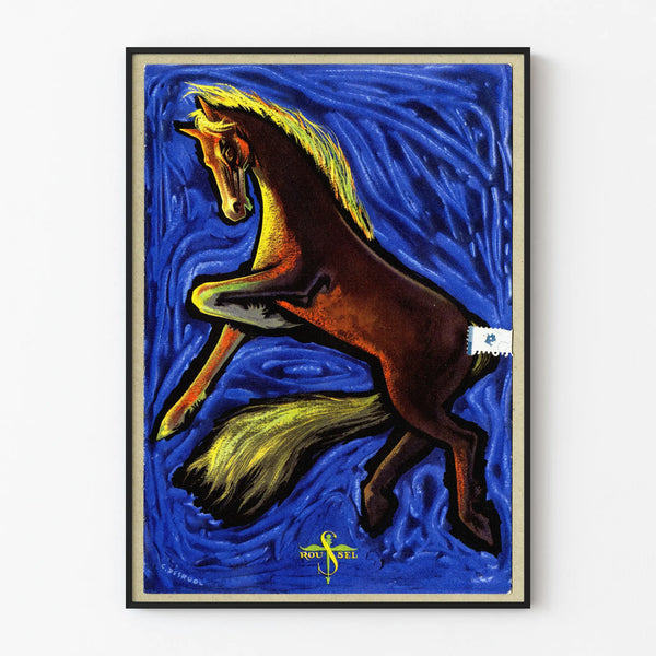 Poster vintage cavallo al galoppo sfondo blu intenso