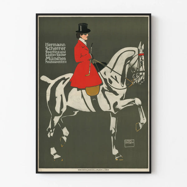 Poster vintage cavallo e cavaliere con cappotto rosso