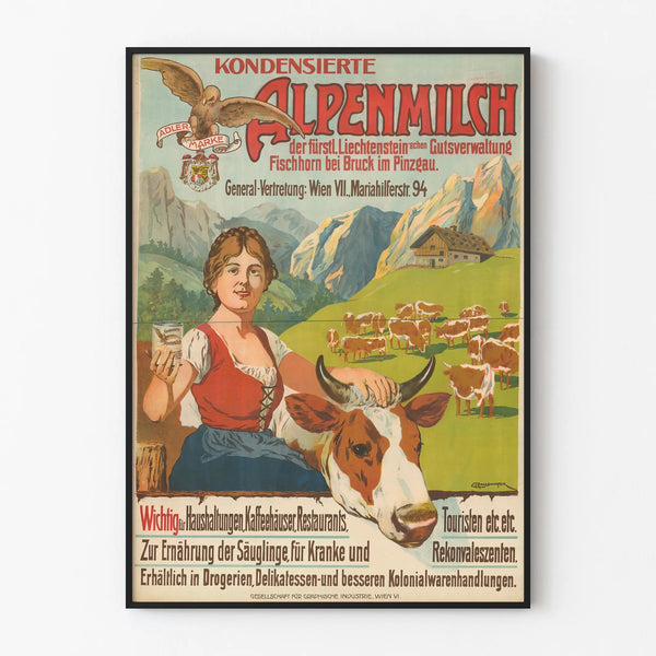 Poster vintage lattiginoso Latte condensato delle Alpi decorazione montanara