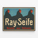 Poster vintage di Ray Seife con galline nere su sfondo blu — quadro incorniciato alla parete
