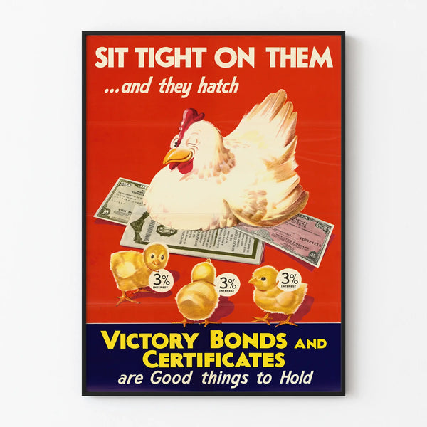 Poster vintage promozionale dei Buoni di Vittoria con gallina e pulcini