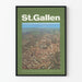 Poster vintage St. Gallen Svizzera - Vista aerea urbana e campagna circostante